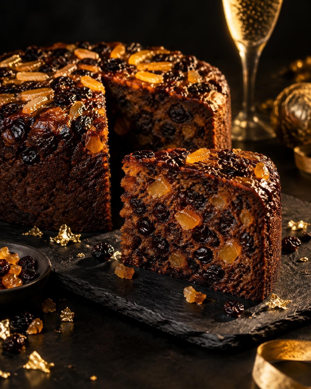 A slice of TipsyBites Cake studded with raisins and candied peel, on dark slate with gold flakes